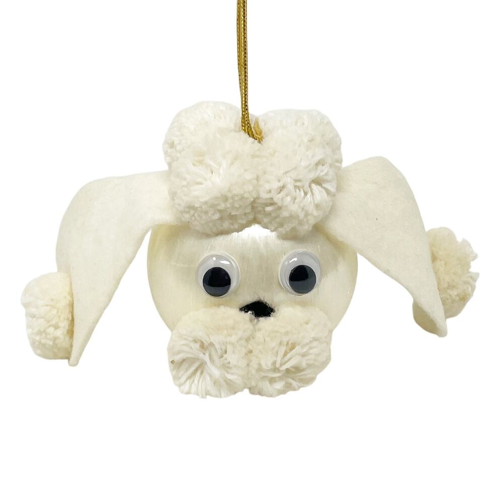 Vintageโ White Silk Poodle Dog Ornament Pom Pom Google Eyes Handmade Felt Ears